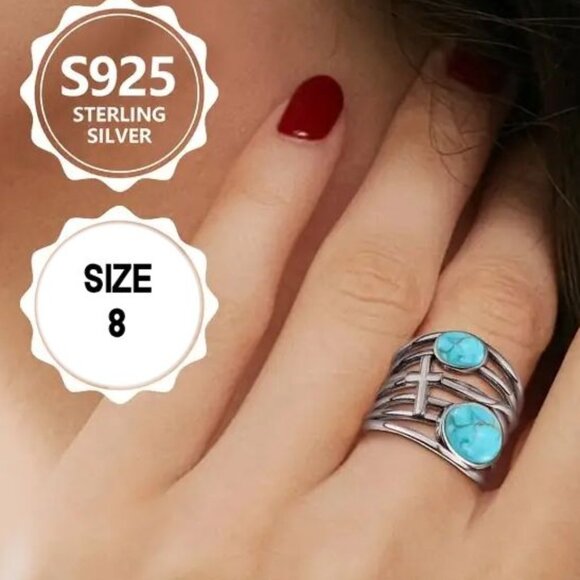 Size 8 Sterling SIlver Turquoise Ring Gemstone with Cross - Picture 3 of 5